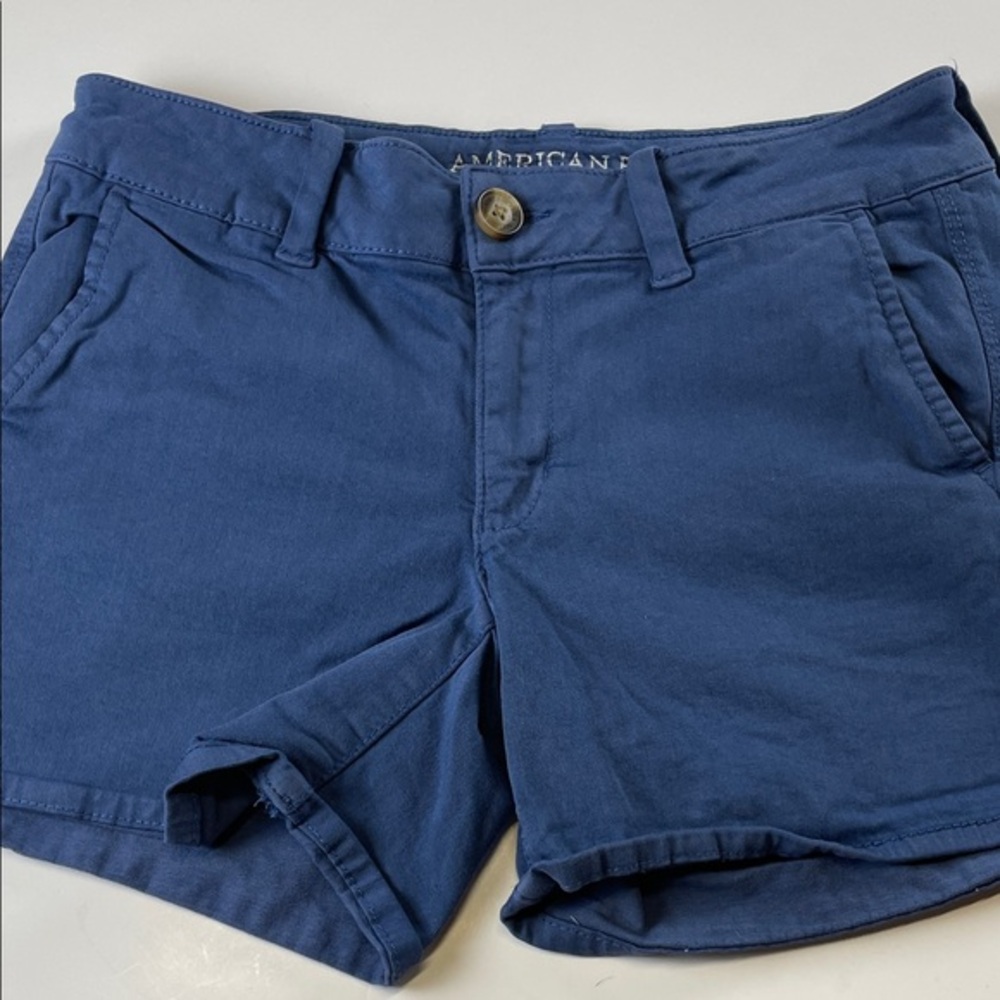 American Eagle Blue Midi Shorts Womens 4 AEO Twill Super Stretch Casual